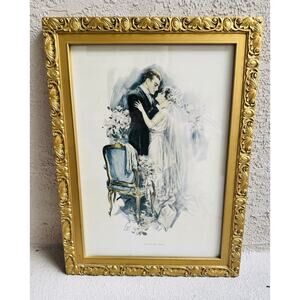 1911 Harrison Fisher Romantic Wedding Print Wood Gilt Gold Frame Antique Art BIG